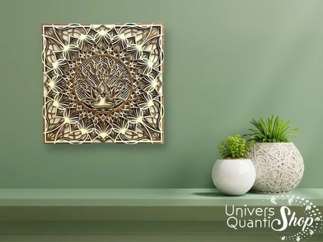 décoration murale bouddha, étagère, arbre de vie, symbole vibratoire, zen