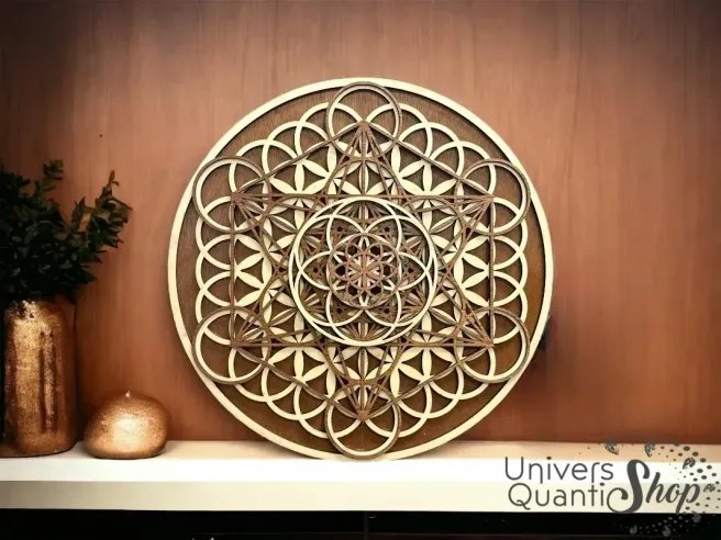 décoration murale bois mandala, tableau foncé géométrie sacrée