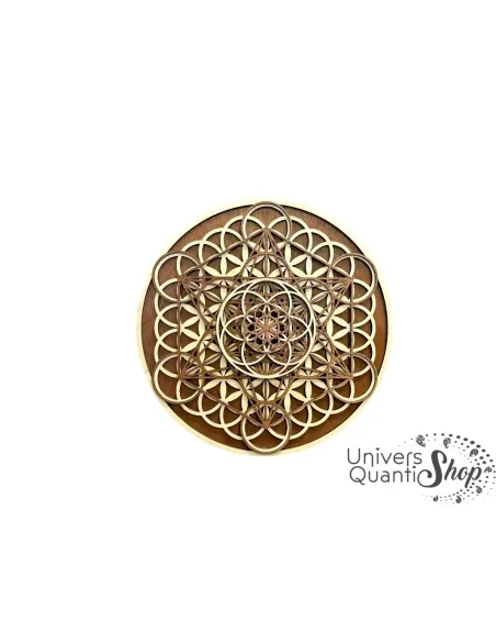 deco murale ronde bois, tableau en forme de graine de vie, couleur foncée