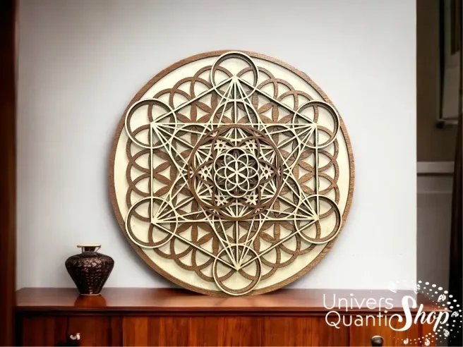decoration murale interieur bois, cube de métatron et fleur de vie, couleur claire