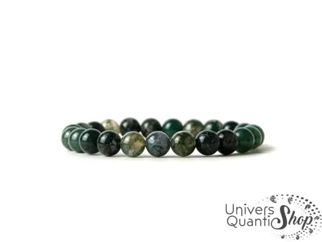 agate mousse bienfaits en lithothérapie, pierre confiance en soi, bracelet sur fond blanc