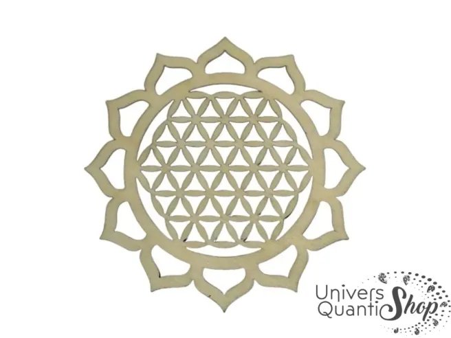 fleur de vie lotus, fleur de vie bois avec le contour en fleur de lotus, couleur claire sur fond blanc