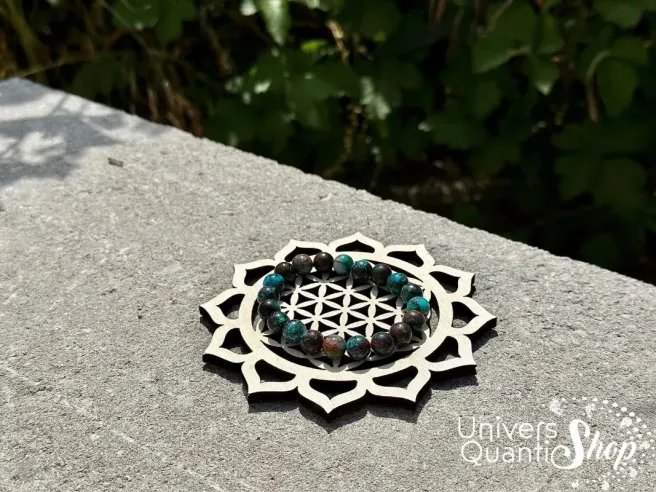 fleur de lotus bouddhisme, fleur de vie bois de peuplier, rechargement bracelet chrysocolle