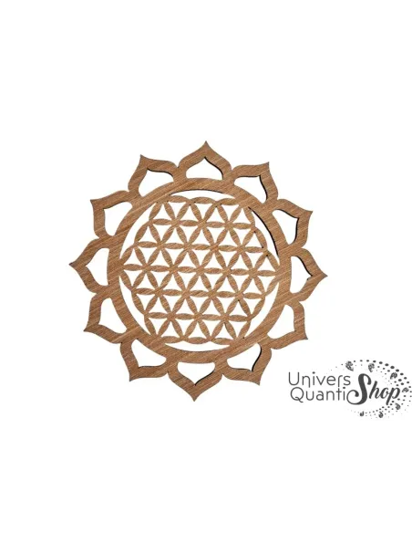 fleur de lotus spiritualité, fleur de vie avec forme lotus autour, bois foncé okoumé sur fond blanc fleur de lotus spiritualité, fleur de vie avec forme lotus autour, bois foncé okoumé sur fond blanc