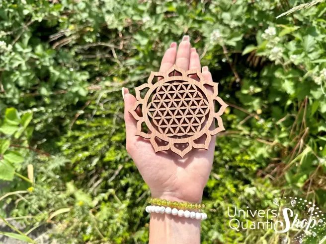 fleur de vie bois avec lotus en bois okoumé dans une main