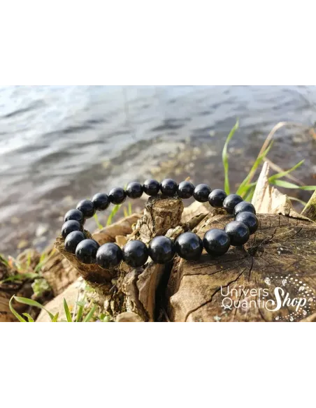 hypersthène bracelet de lithothérapie 08mm au bord d'un tronc d'arbre près de l'eau