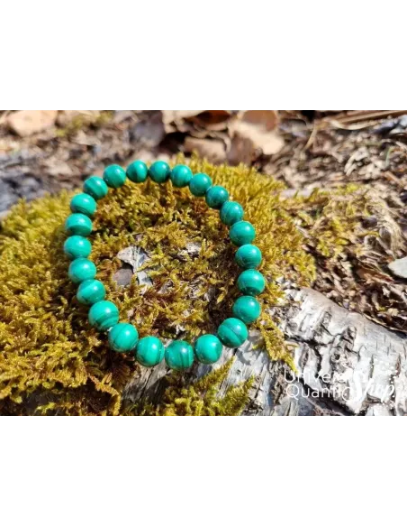 malachite pierre signification, bracelet lithothérapie malachite 08mm sur écorce de bois