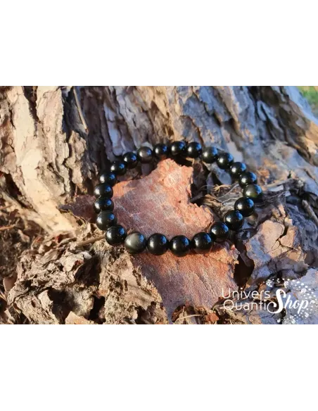 Bracelet Obsidienne Oeil Céleste pierre naturelle boule 8mm sur écorce de bois Bracelet Obsidienne Oeil Céleste pierre naturelle boule 8mm sur écorce de bois