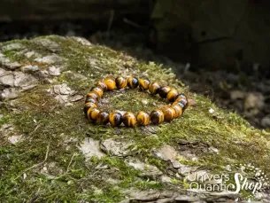 oeil de tigre prix bracelet 8mm qualite aa, bracelet posé sur écorce d'arbre avec mousse