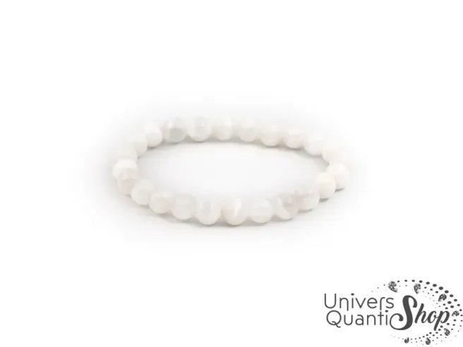 péristérite vertus ou pierre de lune arc en ciel, bracelet f8mm sur fond blanc