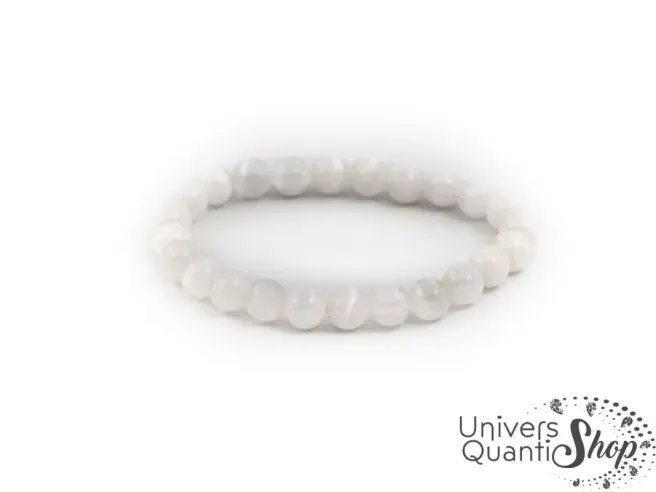 sélénite pierre des anges, bracelet boule 8mm qualité AA sélénite sur fond blanc