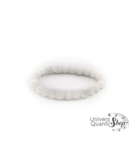 sélénite pierre des anges, bracelet boule 8mm qualité AA sélénite sur fond blanc