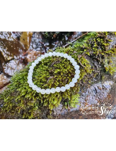 pierre de lune beige bracelet véritable 6mm sur de la mousse en forêt