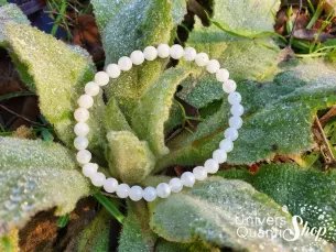 péristérite bracelet labradorite blanche 6mm posé sur plante en nature