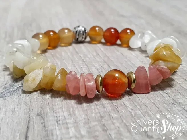 création bracelet pierre lithothérapie amour isis 8mm : cornaline, rhodochrosite, pierre de lune et aventurine jaune