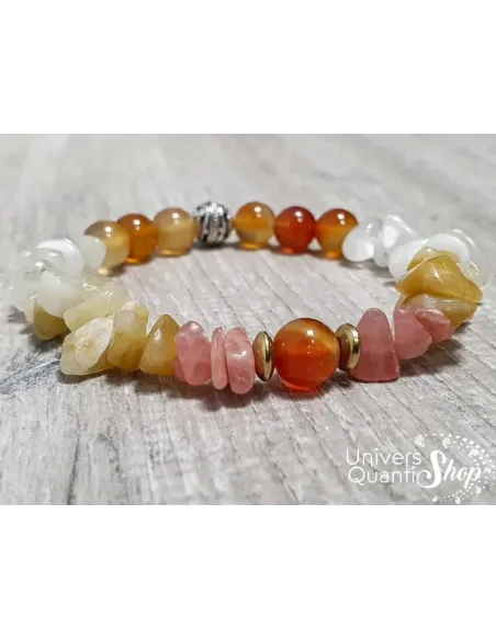 création bracelet pierre lithothérapie amour isis 8mm : cornaline, rhodochrosite, pierre de lune et aventurine jaune