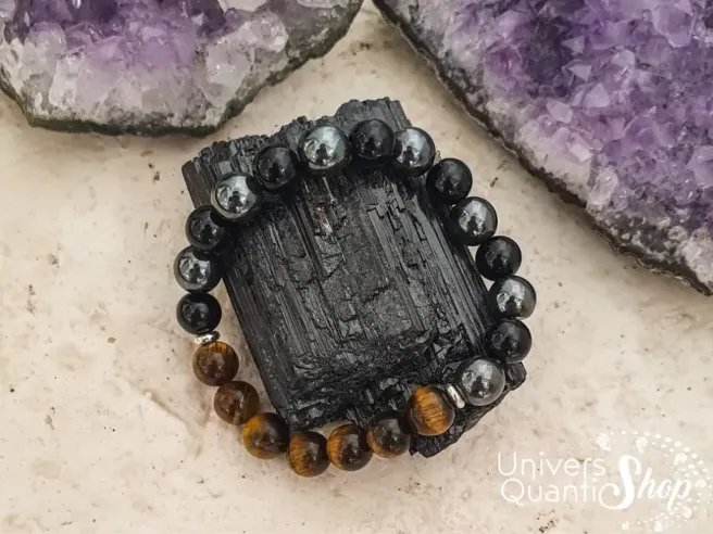bracelet bouclier protecteur obsidienne noire, hématite, oeil de tigre 08mm