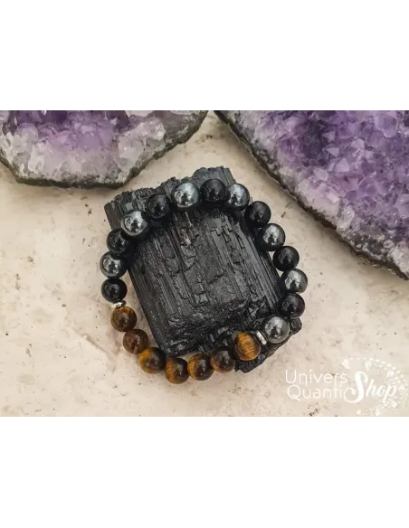 bracelet bouclier protecteur obsidienne noire, hématite, oeil de tigre 08mm