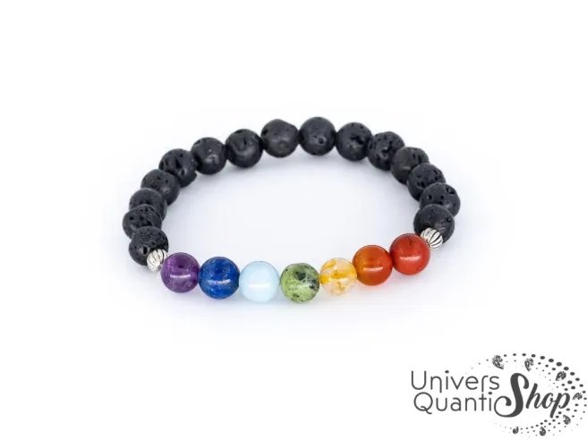 bracelet 7 chakras pierres naturelles 08mm avec pierre de lave sur fond blanc