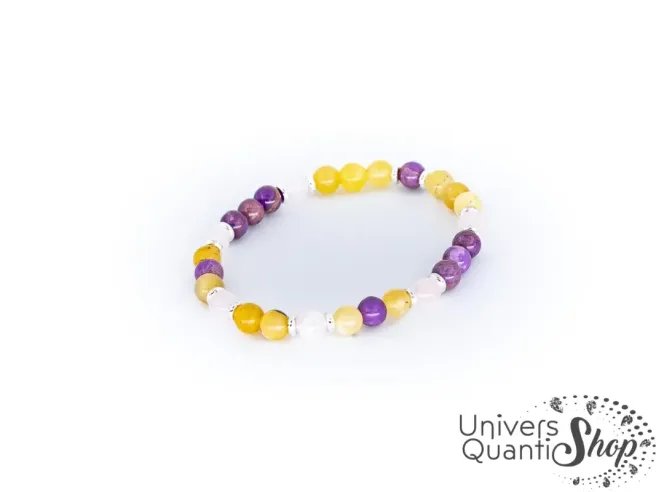 bracelet femme création reliance à l'âme 6mm : opale jaune, quartz rose et phosphosidérite sur un fond blanc