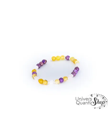 bracelet femme création reliance à l'âme 6mm : opale jaune, quartz rose et phosphosidérite sur un fond blanc bracelet femme création reliance à l'âme 6mm : opale jaune, quartz rose et phosphosidérite sur un fond blanc