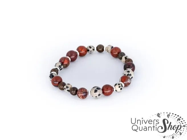 bijou homme pierre naturelle bracelet sexualité sacrée : jaspe rouge, bronzite et jaspe dalmatien sur fond blanc