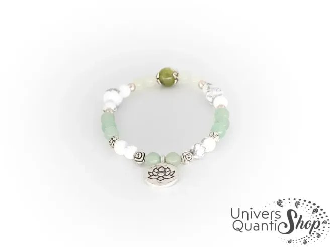 bracelet pierre semi precieuse signification : howlite, jade et aventurine sur fond blanc