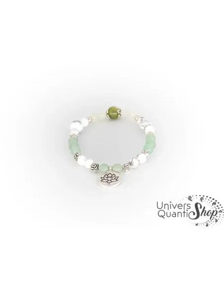 bracelet pierre semi precieuse signification : howlite, jade et aventurine sur fond blanc