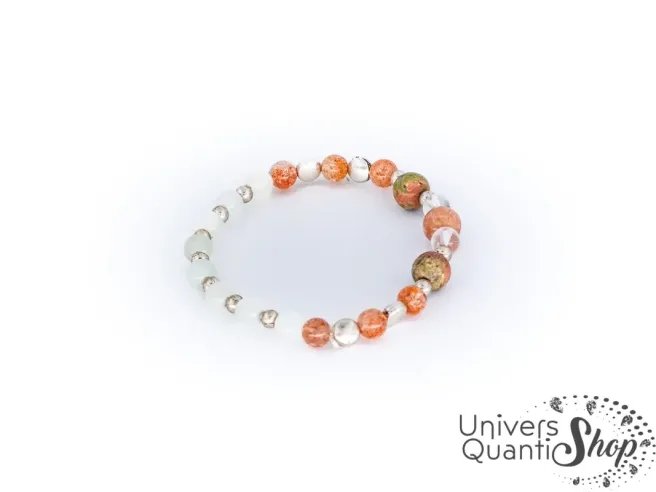 bijoux femme pierre naturelle bracelet soleil de jade : pierre de soleil, jade et unakite sur fond blanc