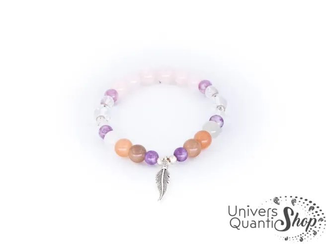 cadeau original bracelet femme talisman féminin sacré : agate, quartz lépidolite et pierre de lune sur fond blanc