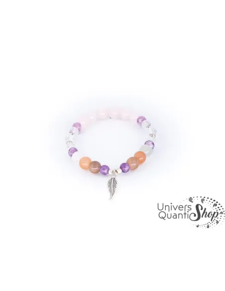 cadeau original bracelet femme talisman féminin sacré : agate, quartz lépidolite et pierre de lune sur fond blanc