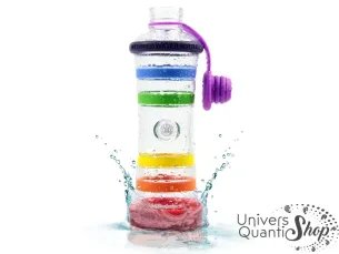 Bouteille i9 - Eau Vivante et Informée - Couleurs 7 Chakras sur fond blanc
