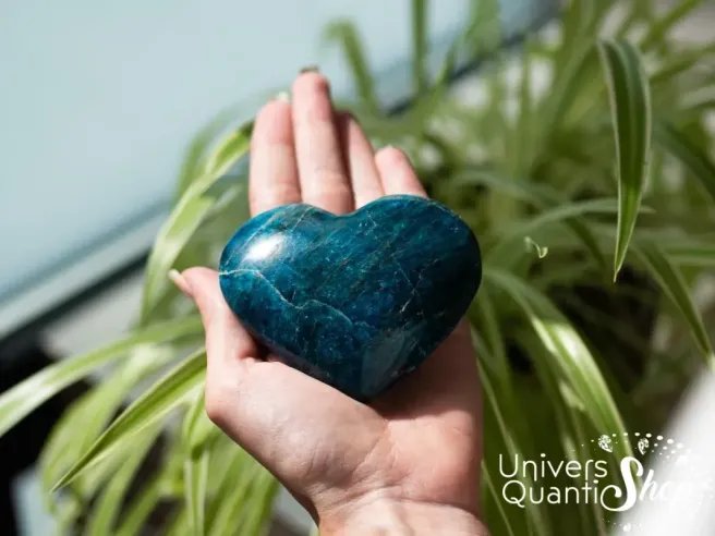 coeur en apatite bleue qualité A+ numéroo 7 posé dans une main