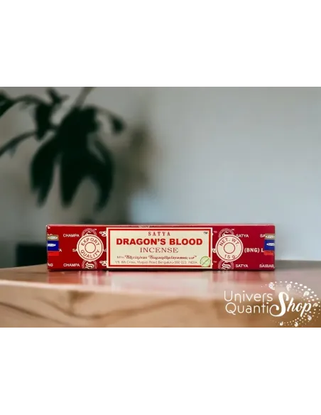 encens satya sang de dragon, batonnets roulé à la main en inde, boite d'encens posé sur un comptoir en bois