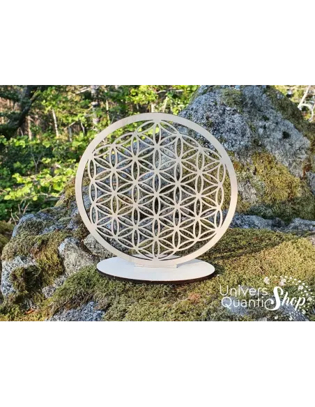 Fleur de vie en bois de bouleau sur socle vue rapprochée sur un rocher en mousse Fleur de vie en bois de bouleau sur socle vue rapprochée sur un rocher en mousse