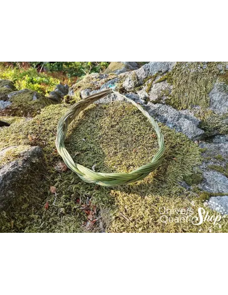 Foin d’odeur tressé fumigation posé sur des rochers avec de la mousse Foin d’odeur tressé fumigation posé sur des rochers avec de la mousse
