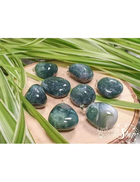 pendentif agate mousse, pierre naturelle d'ancrage sur une petite souche d'arbre - univers quantic shop pendentif agate mousse, pierre naturelle d'ancrage sur une petite souche d'arbre - univers quantic shop