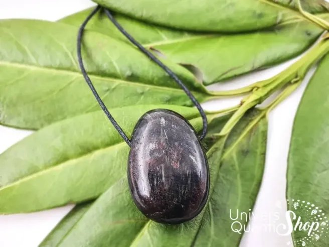 Pendentif arfvedsonite percée, pendentif pierre naturelle Univers Quantic Shop sur des feuilles