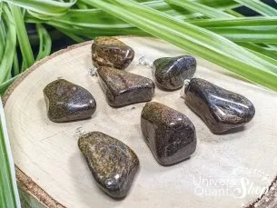 bienfaits du pendentif bronzite en lithothérapie sur un rondin de bois, boutique ésotérique univers quantic shop