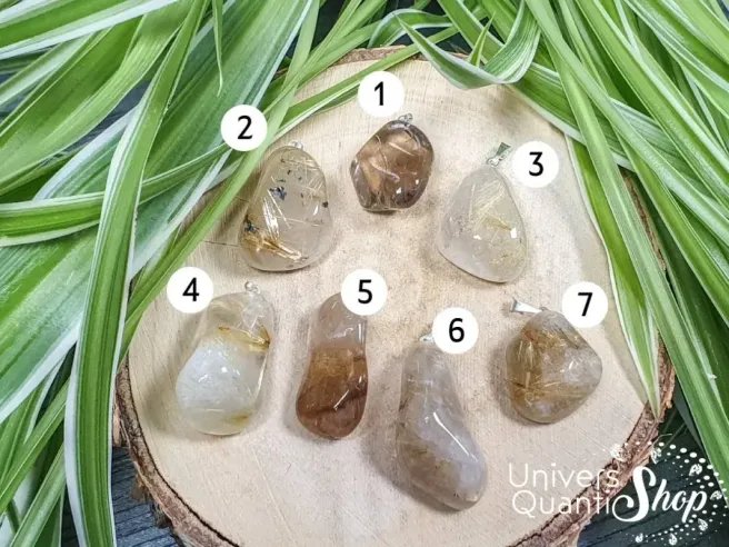 pendentif cristal de roche rutile jaune numéroté - pierre de protection - boutique de lithothérapie