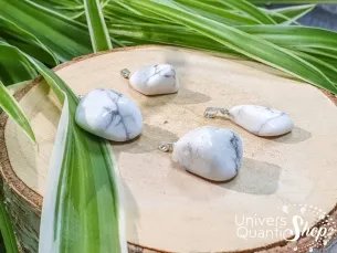 pendentif howlite blanche pierre roulée posé sur une souche d'arbre