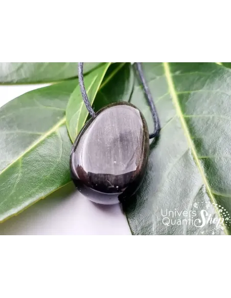 pendentif pierre obsidienne dorée posé sur des feuilles vertes - univers quantic shop
