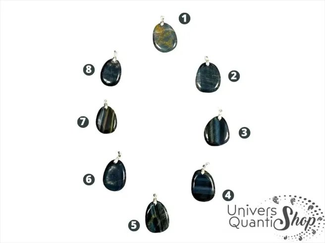 oeil de faucon pendentifs en pierres naturelles sur fond blanc, choix de la pierre avec numéros