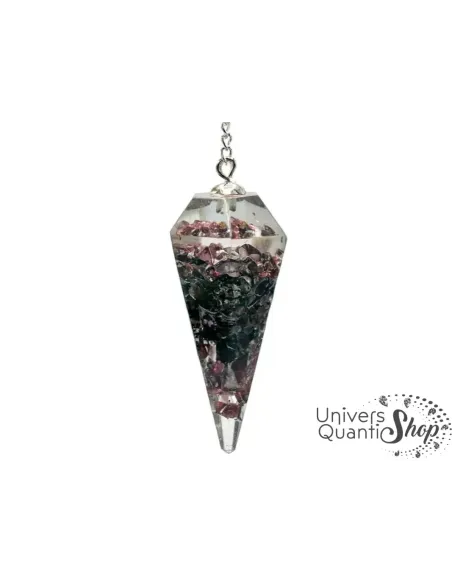 pendule de radiesthésie grenat rouge orgonite en pointe sur fond blanc