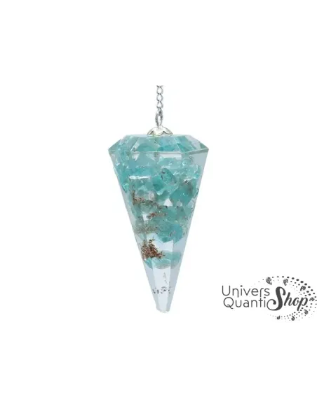 pendule divinatoire apatite bleue orgonite en pointe sur fond blanc