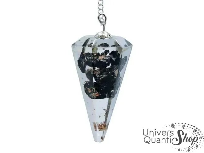 pendule de radiesthésie tourmaline noire orgonite en pointe sur fond blanc