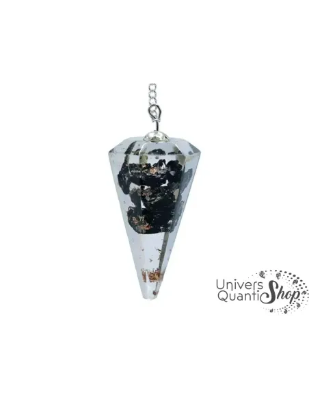pendule de radiesthésie tourmaline noire orgonite en pointe sur fond blanc