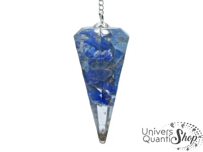 pendule de radiesthésie lapis lazuli orgonite en pointe sur fond blanc
