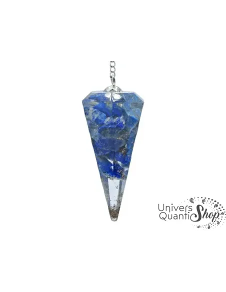 pendule de radiesthésie lapis lazuli orgonite en pointe sur fond blanc