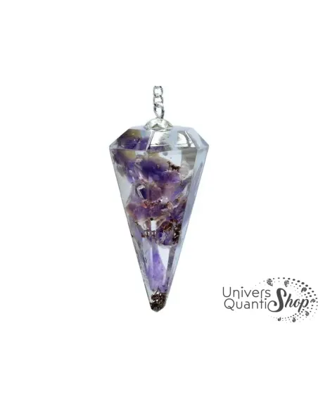 pendule de radiesthésie améthyste orgonite en pointe sur fond blanc